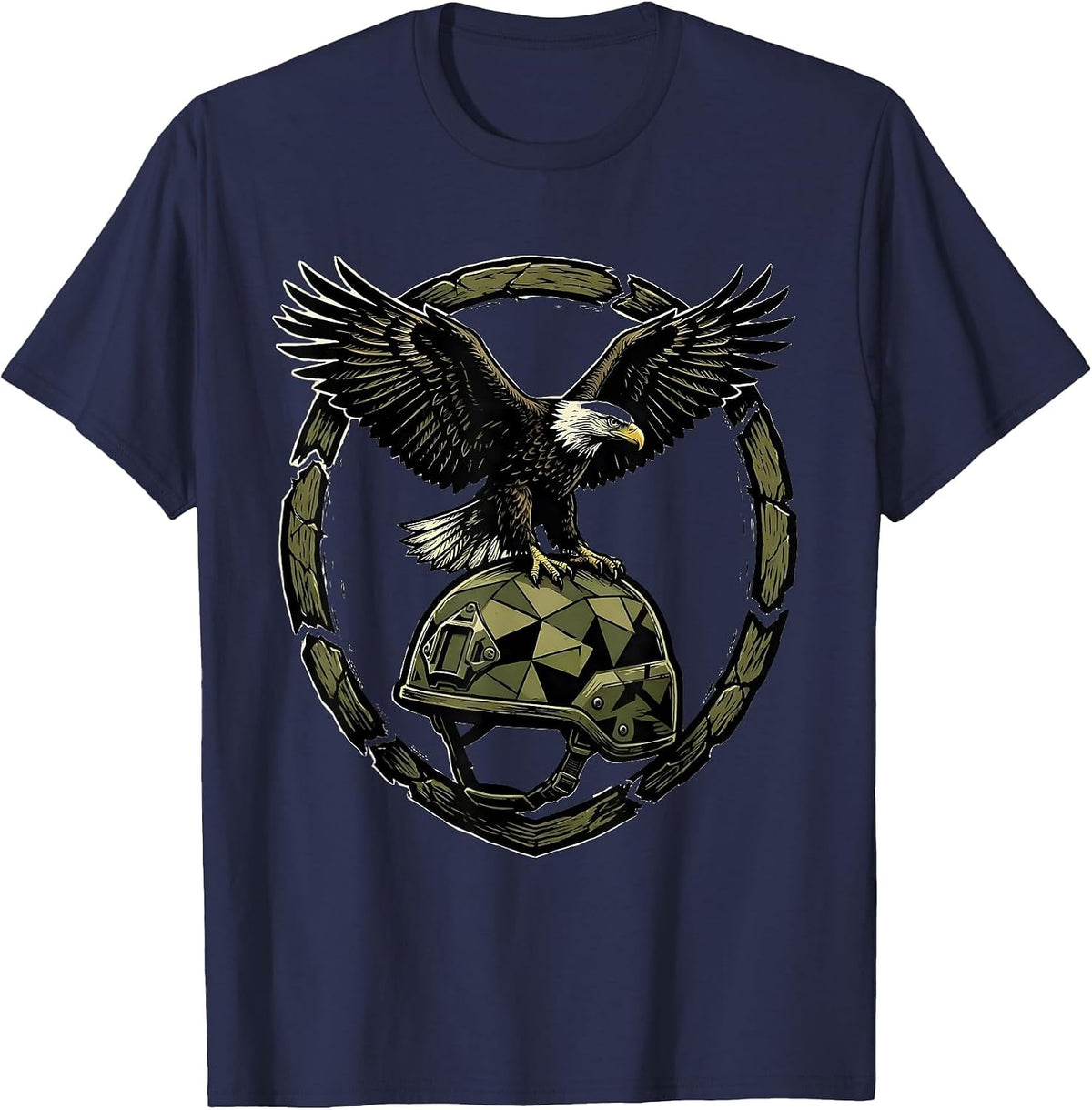 Eagle on Camo Helmet Patriotic Graphic T-Shirt - Navy Blue