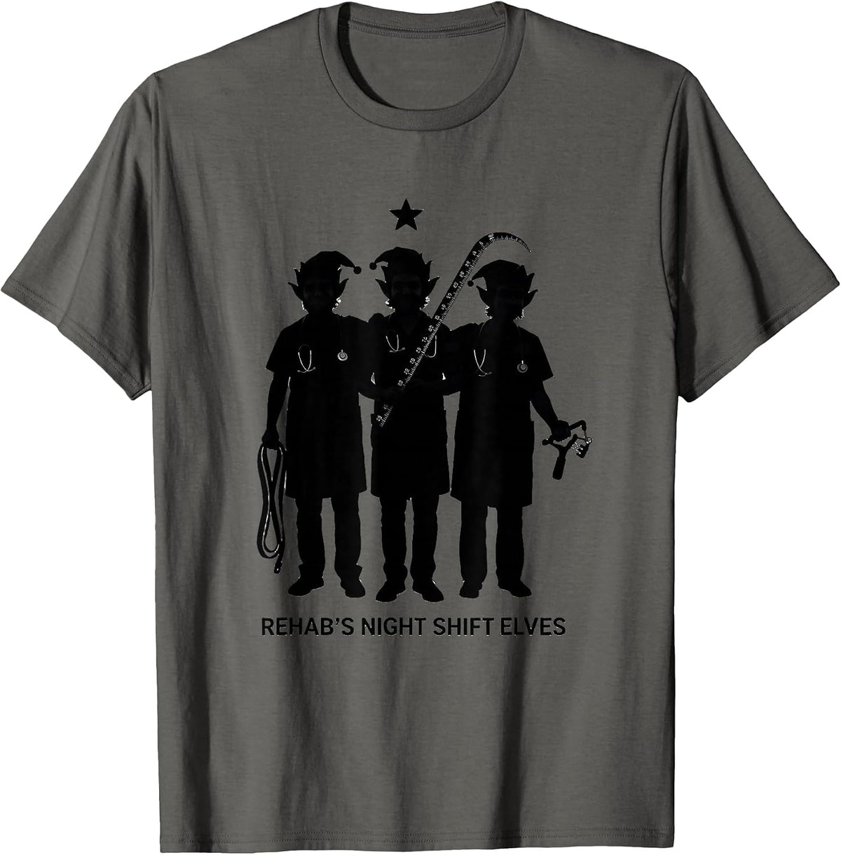 Rehab's Night Shift Elves Funny Occupational Therapy T-Shirt - Asphalt Grey