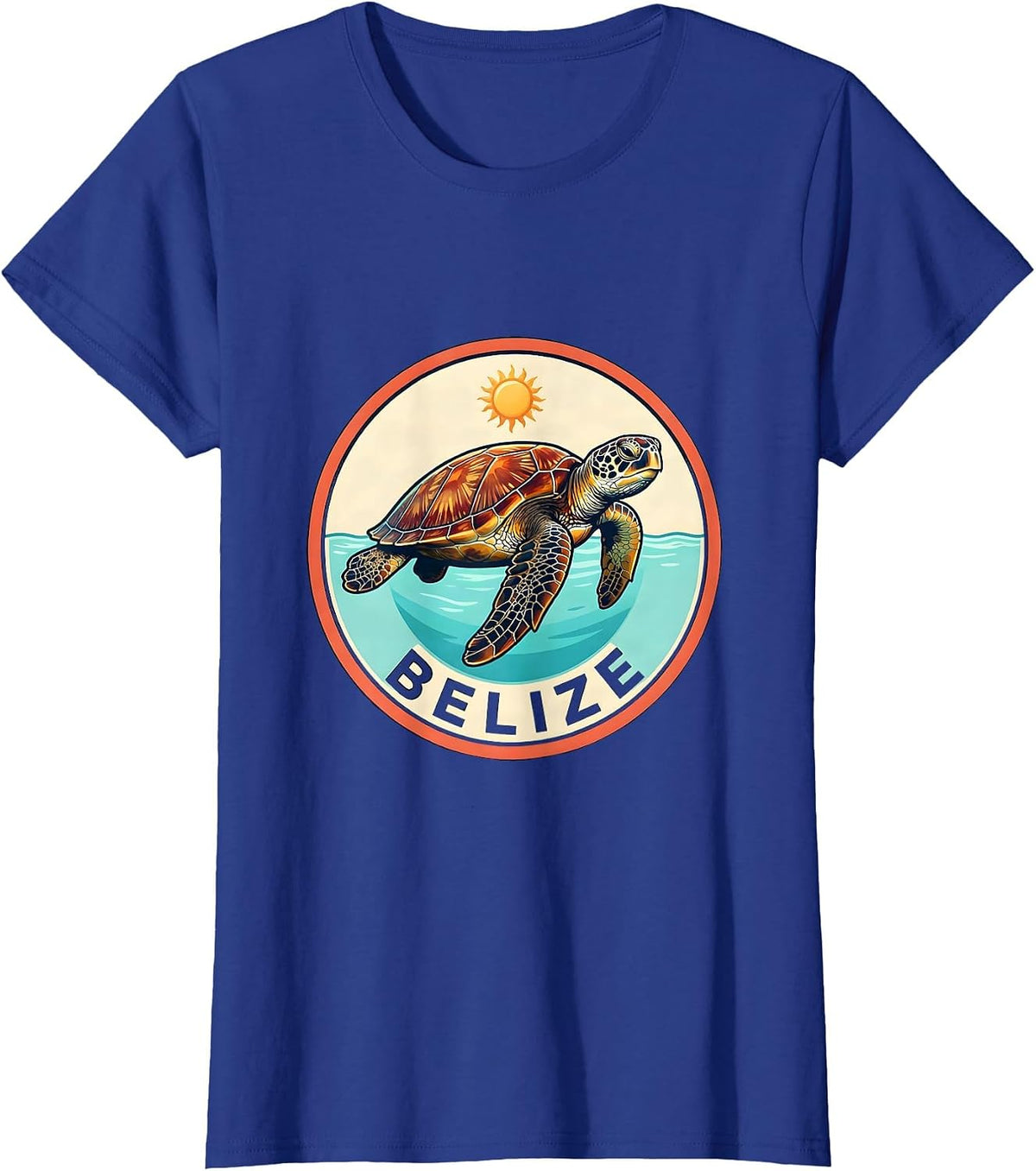 Women's Belize Vintage Sea Turtle Badge Beach Vacation Souvenir T-Shirt - Royal Blue