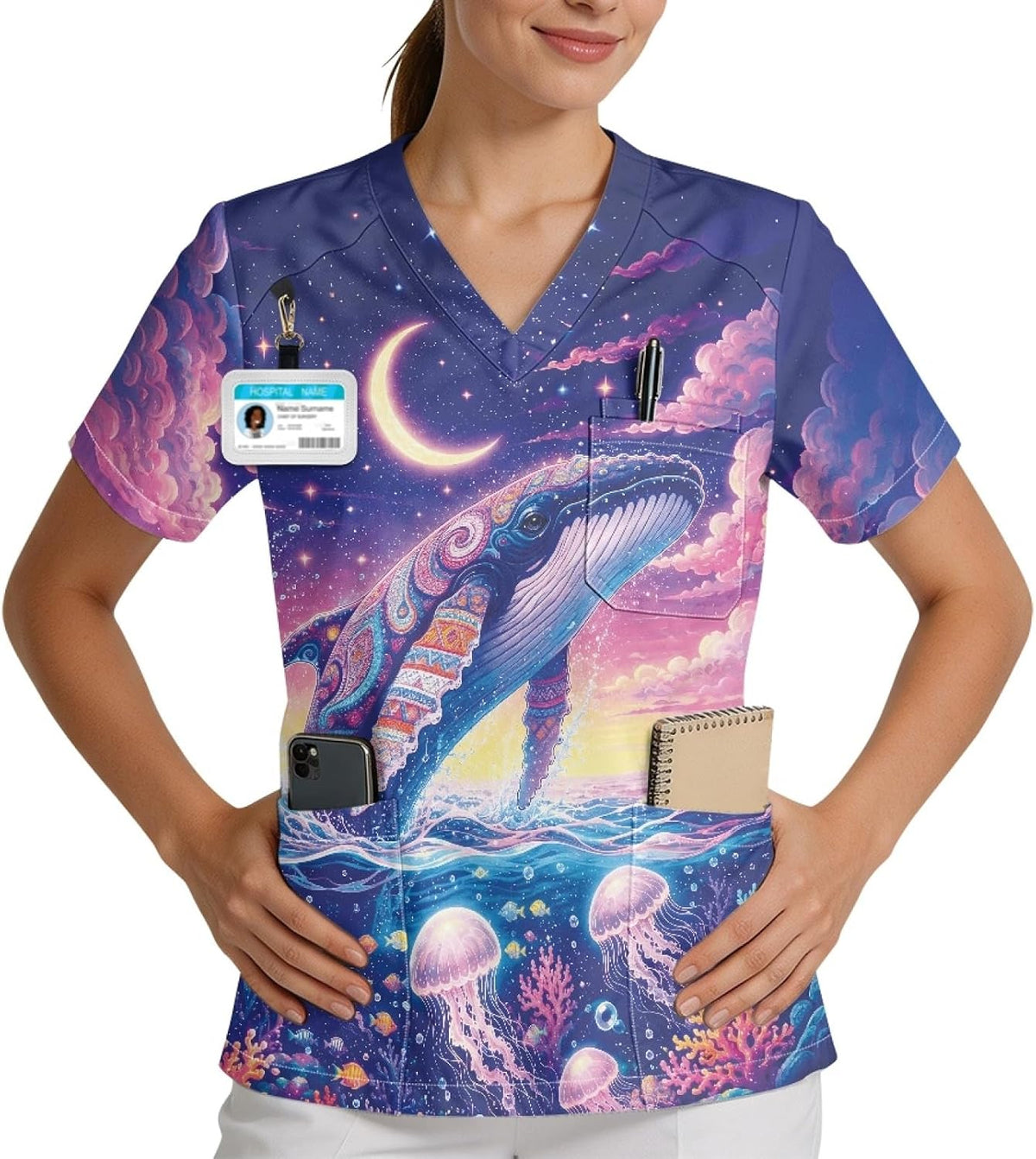 Printed Scrub Top for Women, V Neck Plus Size Work Uniform - Pink - Whale & Jellyfish Ocean Moon Print