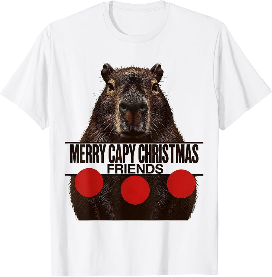 Men's Merry Capy Christmas, Friends Whimsical Capybara Family T-Shirt - White