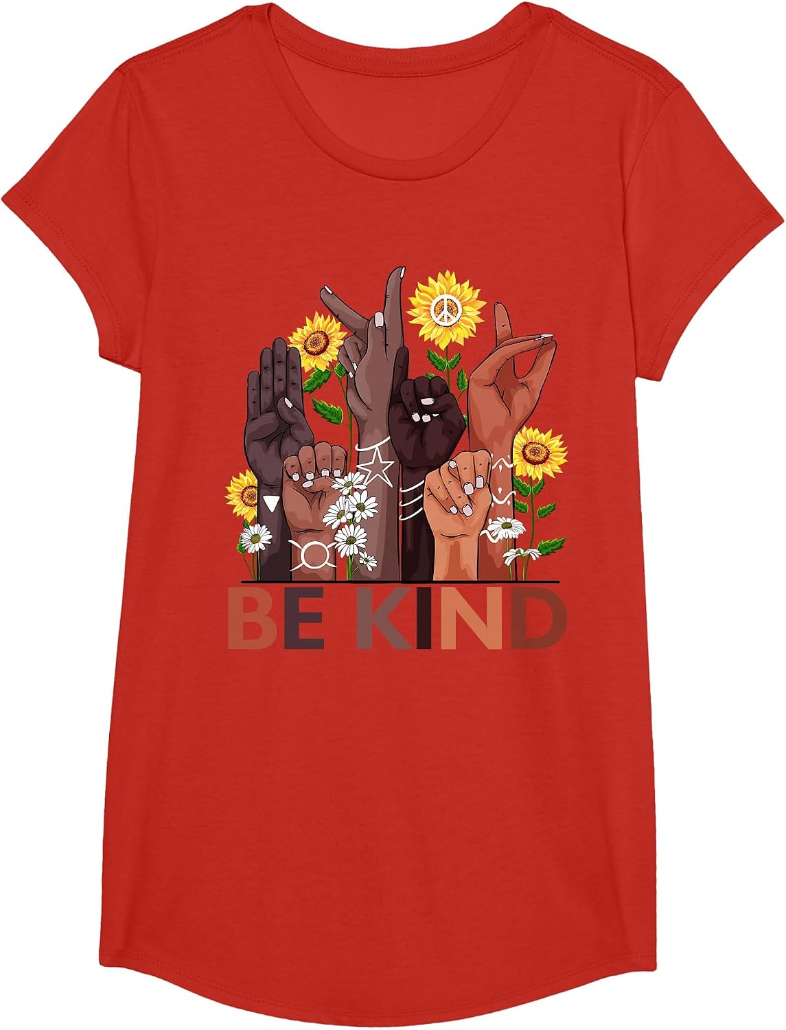 Be Kind Hand Sign Language Teachers Melanin Interpreter ASL T-Shirt - Girls Red