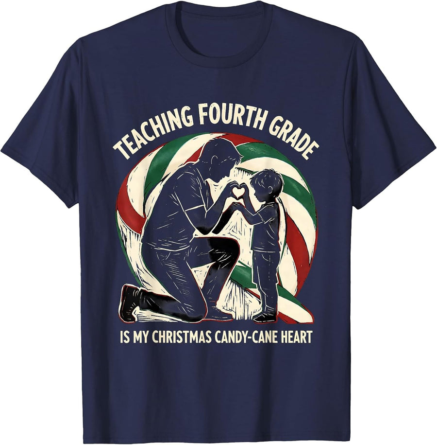 Teaching Fourth Grade Is My Christmas Candy-Cane Heart T-Shirt - Navy Blue