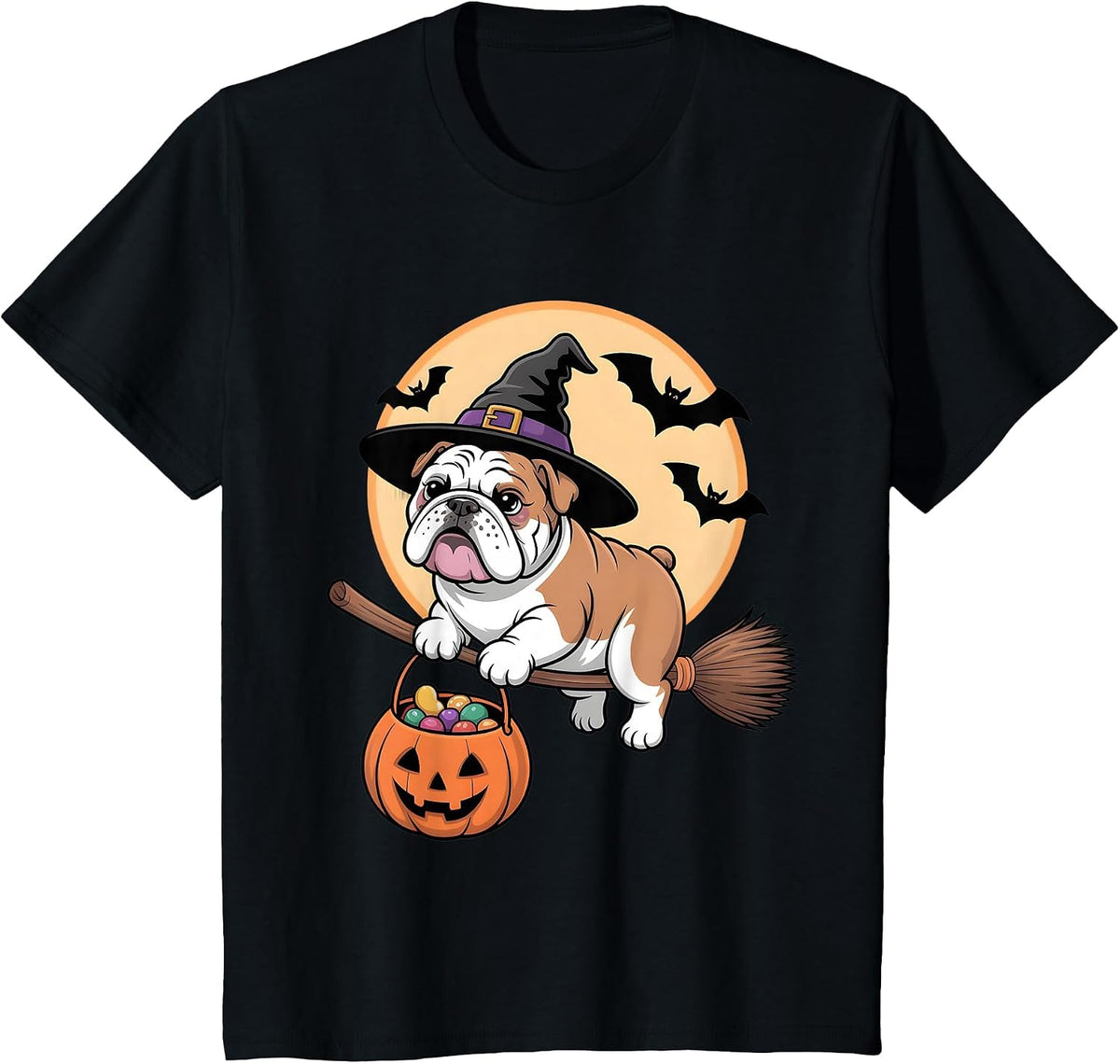 Bulldog Witch Hat Pumpkin Halloween Costume Men Women Kids T-Shirt - Black