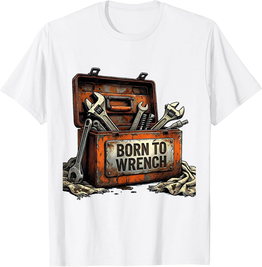 Men's Born to Wrench Mechanic Graphic Design T-Shirt - White
