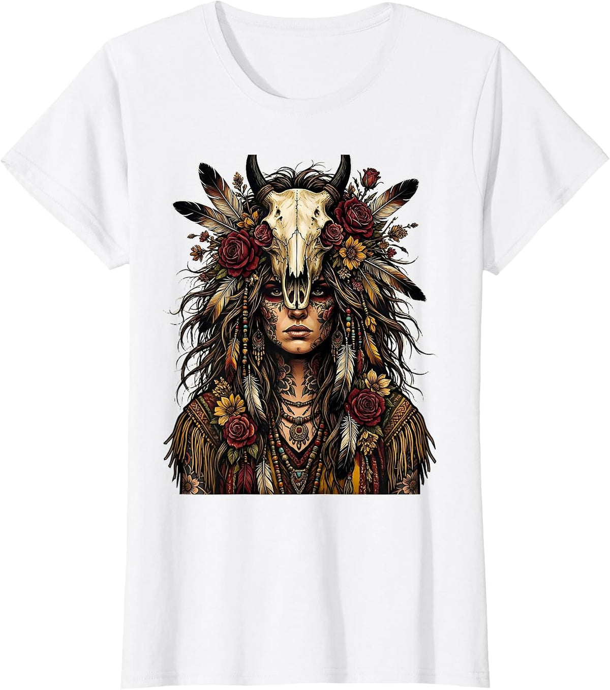 Bohemian Horse Skull Spirit Mystic Art Design T-Shirt - White