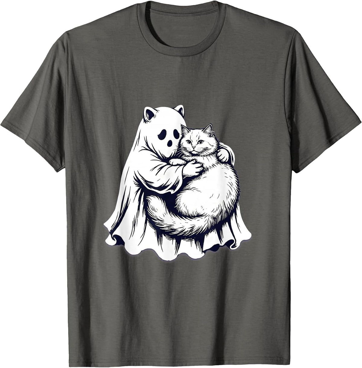 Men's Cute Ghost Hugging Fluffy Tabby Cat Illustration T-Shirt - Asphalt Grey