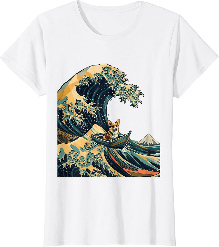 Women's Faceted Curling Wave Corgi Midcentury Modern Animal Meme T-Shirt - White