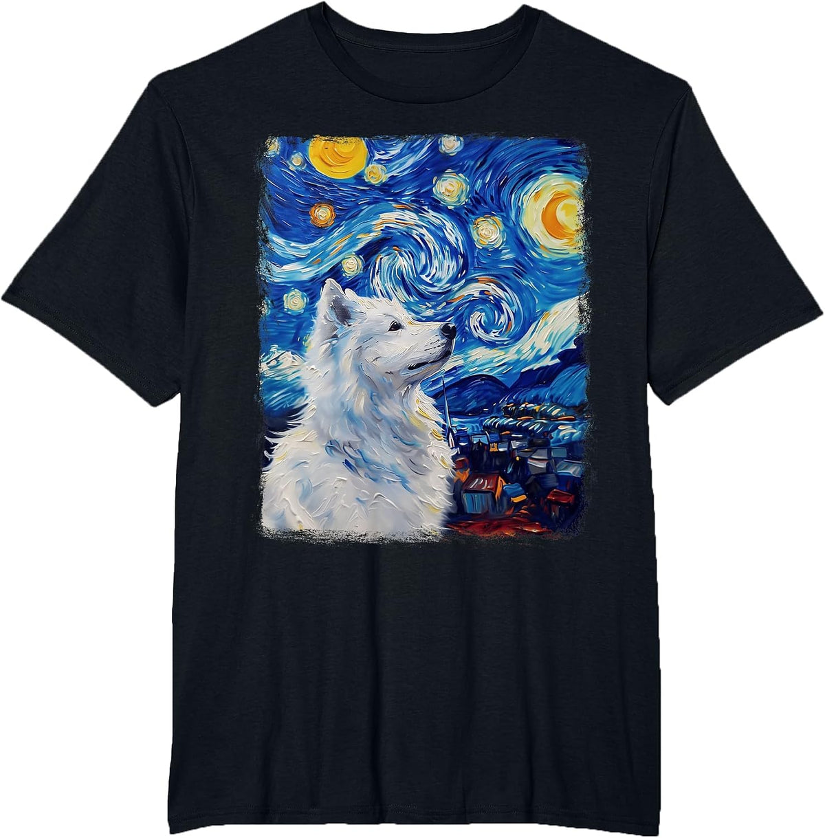 Samoyed Dog Starry Night Painting T-Shirt - Black