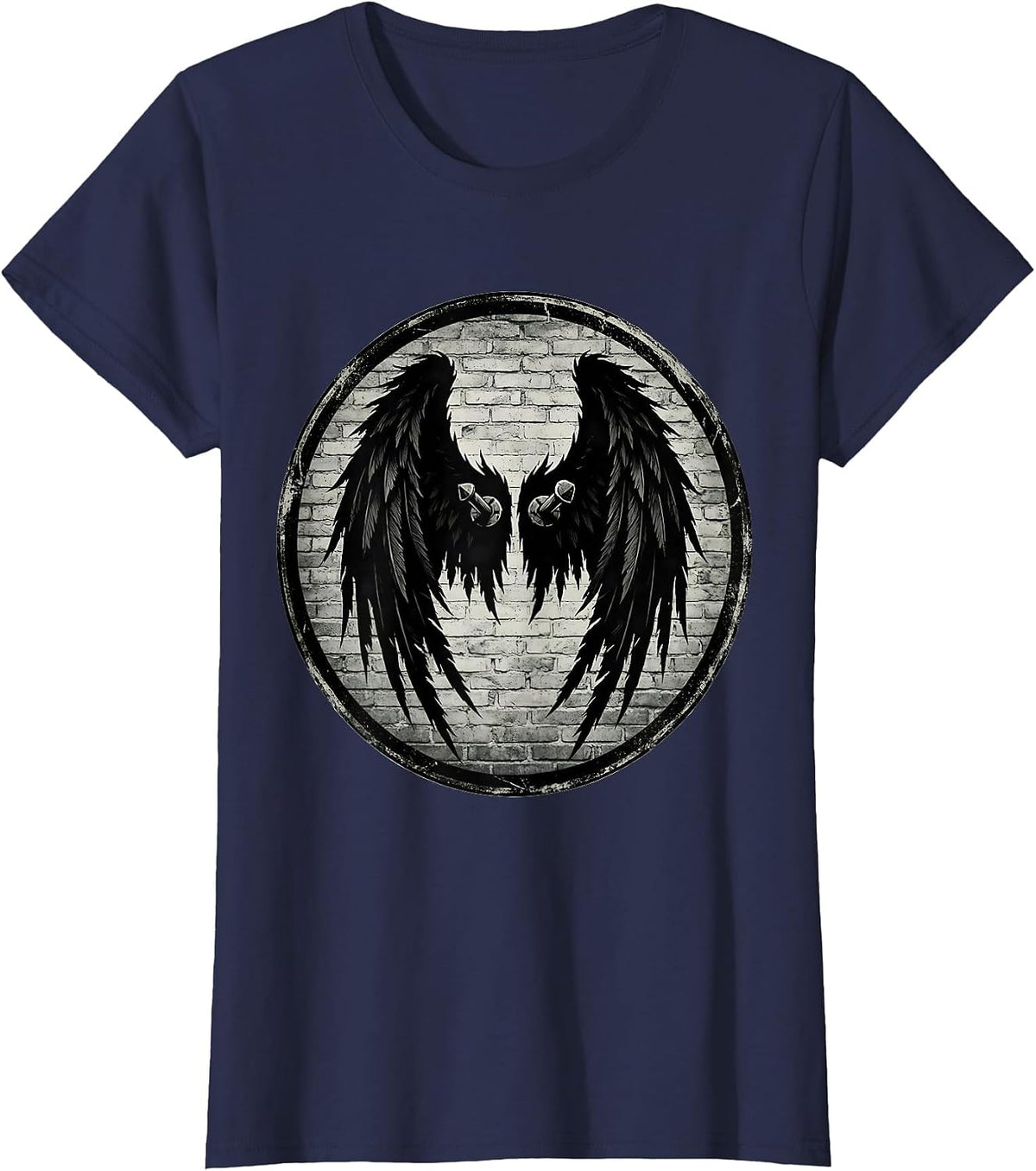 Women's Grunge Torn Angel Wings Pinned to Wall Art T-Shirt - Navy Blue