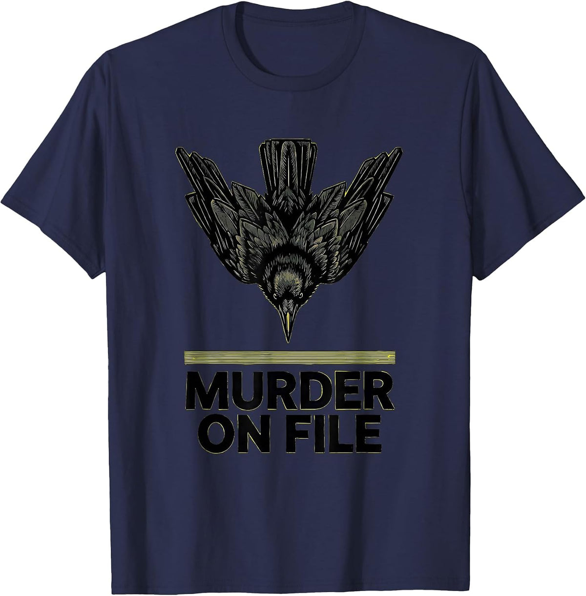 MURDER ON FILE Stencil Crow Dark Humor Gothic Bird Lover T-Shirt - Navy Blue