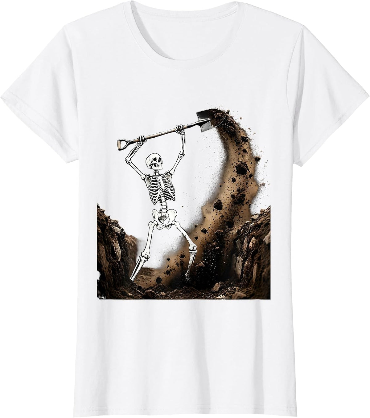 Skeleton Grave Digger Underground Halloween Graphic T-Shirt - White