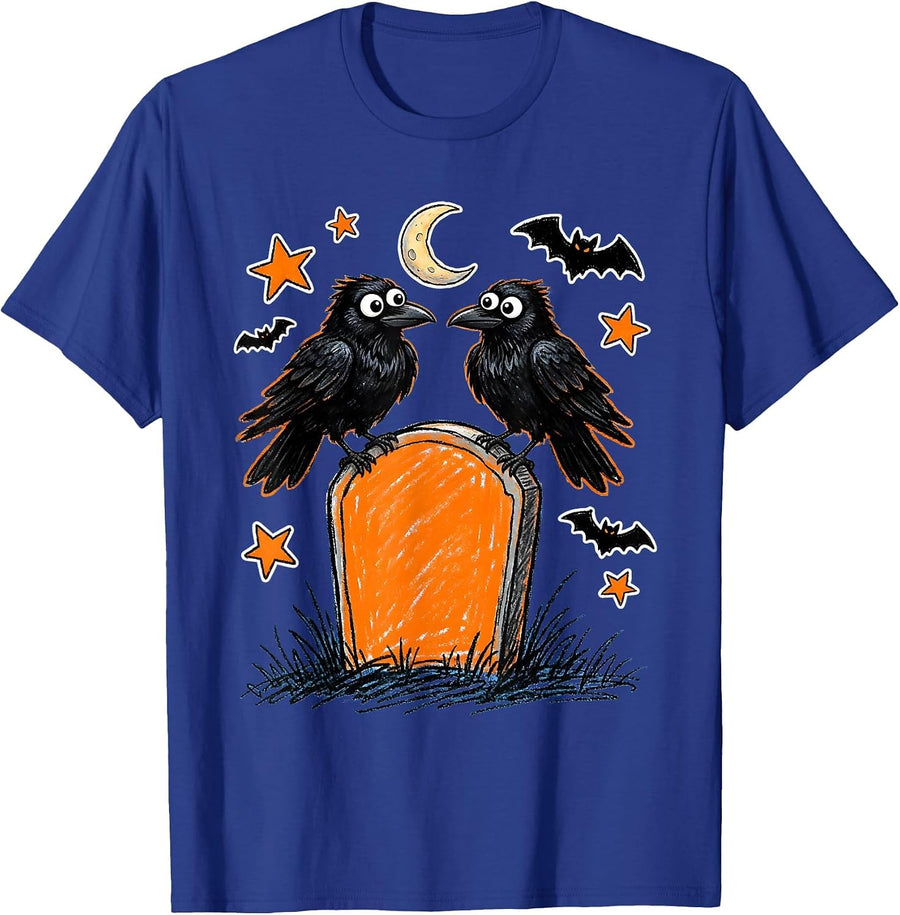 Twin Ravens on Tombstone Halloween Gothic Design T-Shirt - Royal Blue
