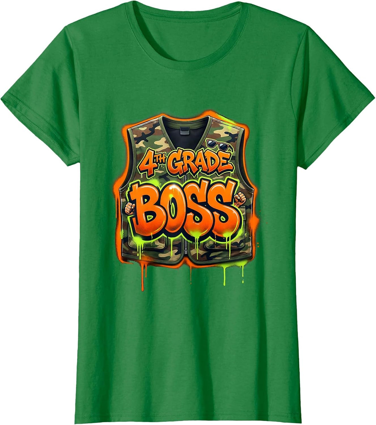 Women's 4TH GRADE BOSS Graffiti Camo Fourth Grade Back To School T-Shirt - Kelly Green