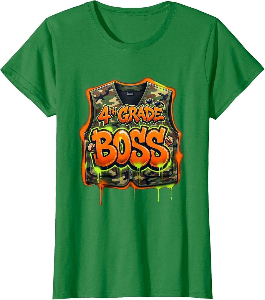 Women's 4TH GRADE BOSS Graffiti Camo Fourth Grade Back To School T-Shirt - Kelly Green
