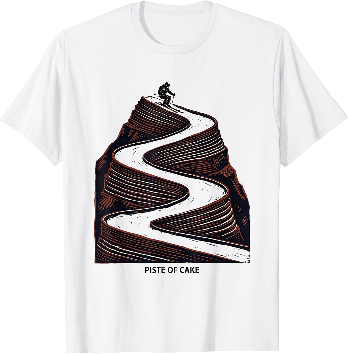 Men's Piste Of Cake Linocut Skiing Enthusiast Gift T-Shirt - White