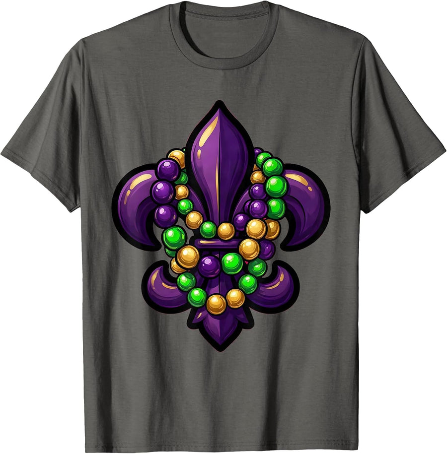 Mardi Gras Beaded Necklaces Fleur-de-Lis Design T-Shirt - Asphalt Grey