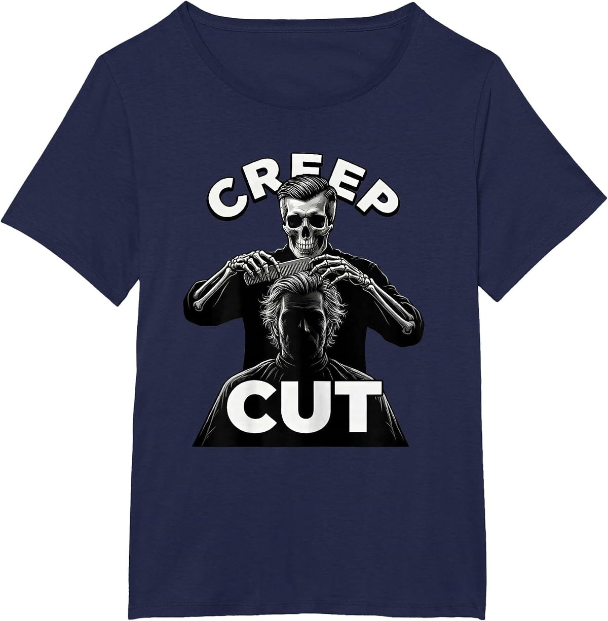 Women's Creep Cut Skeleton Hairstylist Halloween Barber Humor T-Shirt - Navy Blue