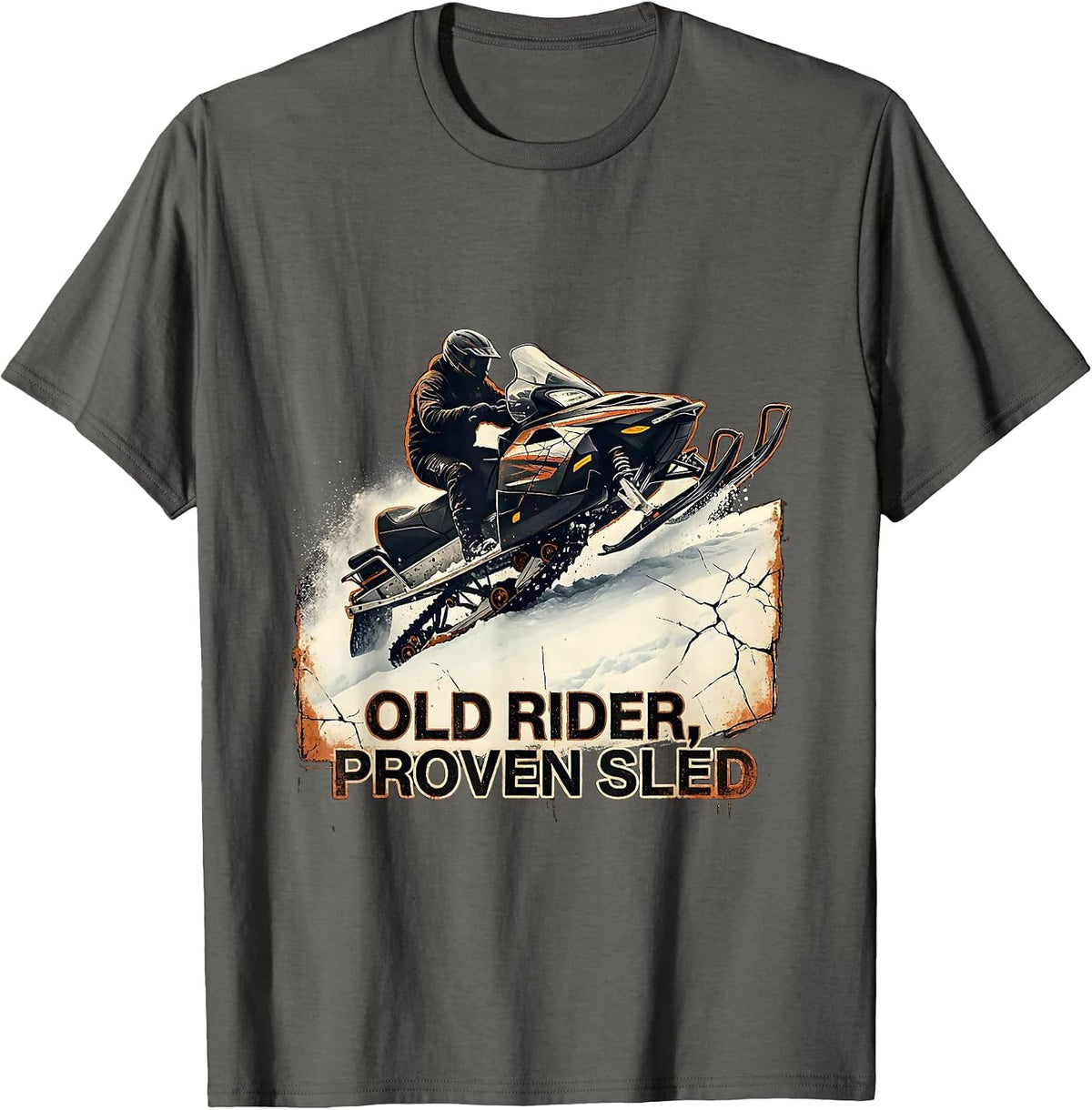 Men's Old Rider Proven Sled Distressed Snowmobile Rider Winter T-Shirt - Asphalt Grey