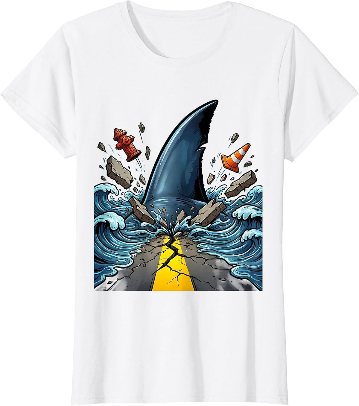 Women's Shark Fin City Street Weird Graphic Tee T-Shirt - White