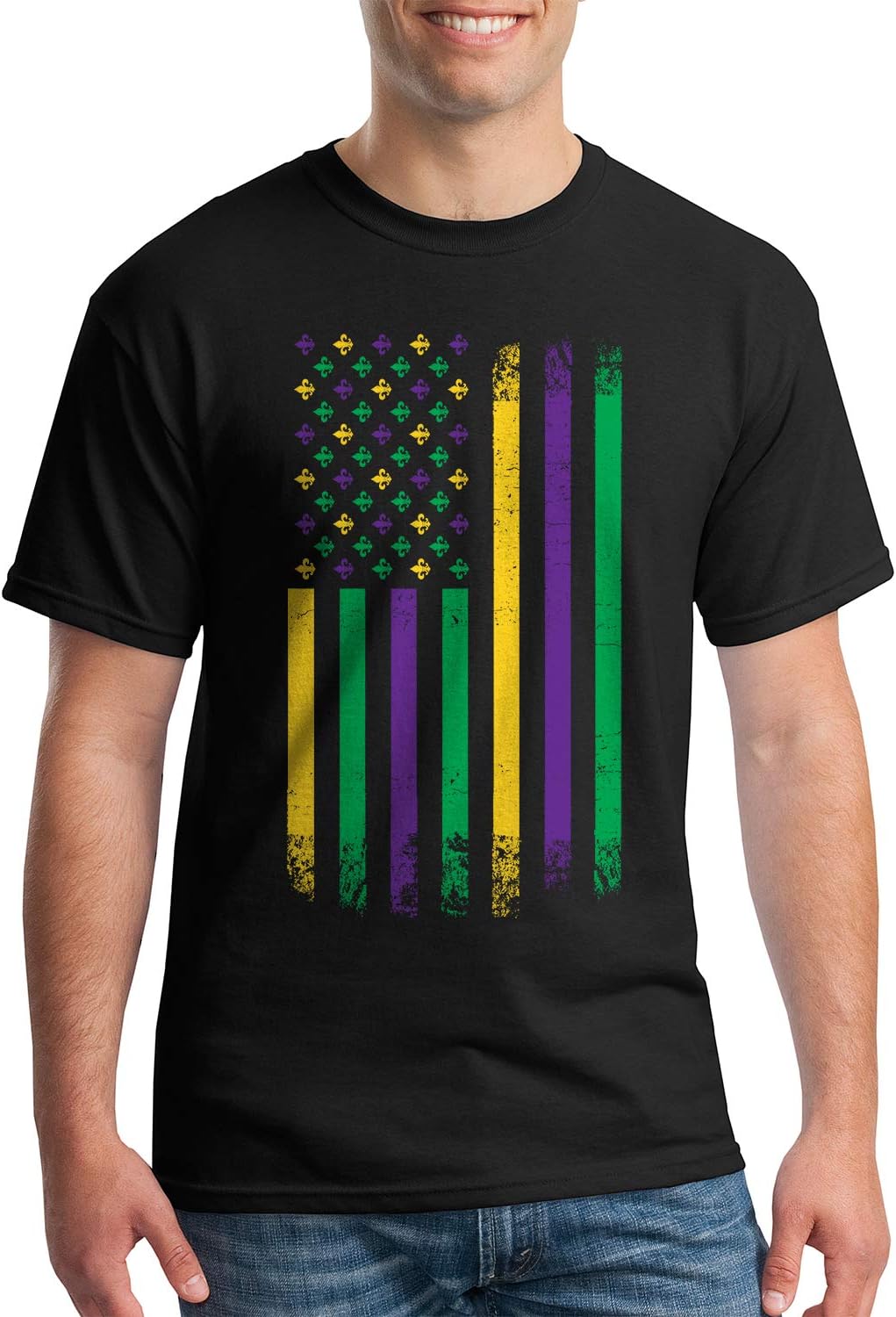 Threadrock Men's Mardi Gras American Flag T-Shirt - Black