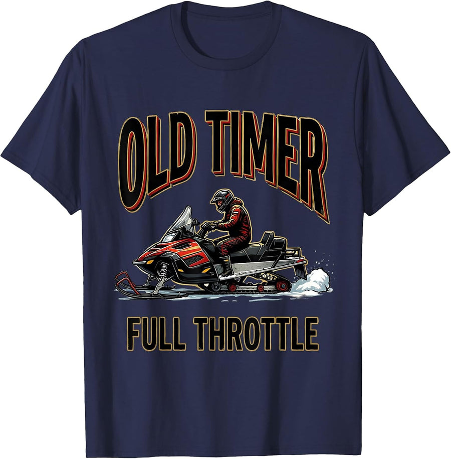 Old Timer Full Throttle Vintage Snowmobile Rider Winter T-Shirt - Navy Blue