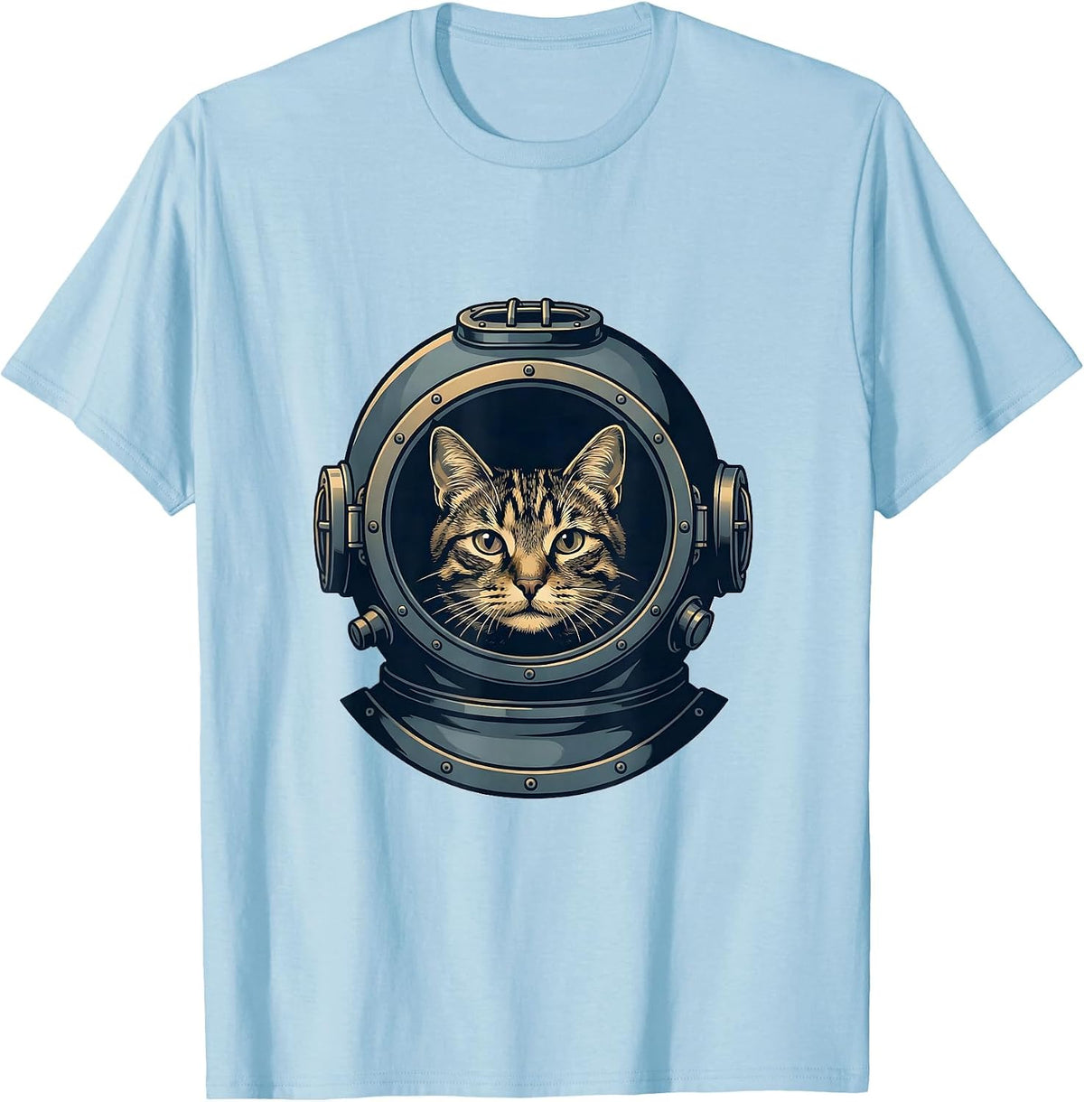 Men's Tabby Cat Deep Sea Diver Illustration T-Shirt - Baby Blue
