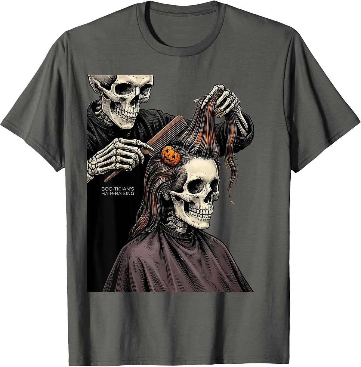 Men's Boo-tician's Hair-Raising Funny Skeleton Hairdresser T-Shirt - Asphalt Grey