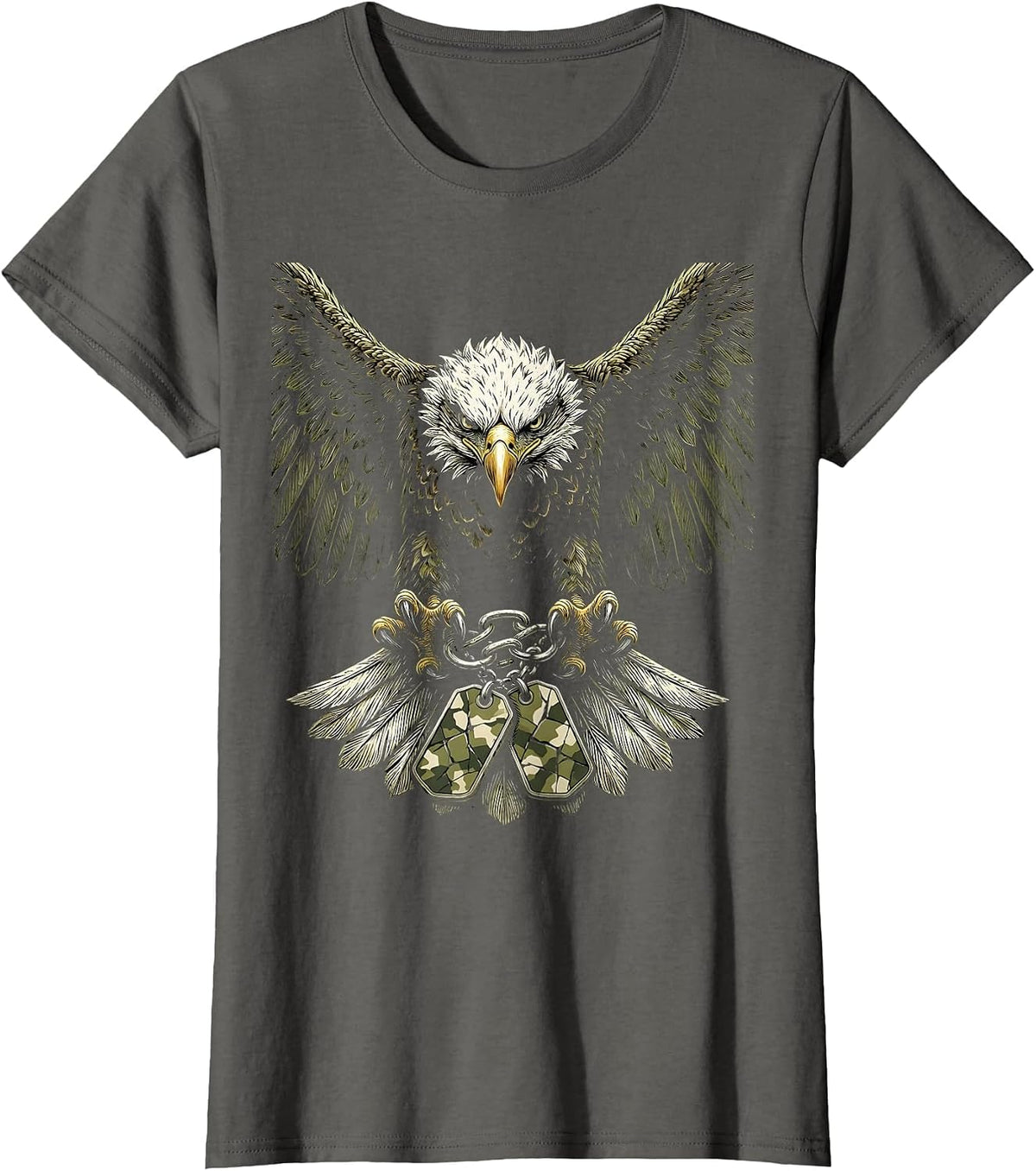 Women's Eagle Camo Dog Tags Patriotic Graphic Tee T-Shirt - Asphalt Grey