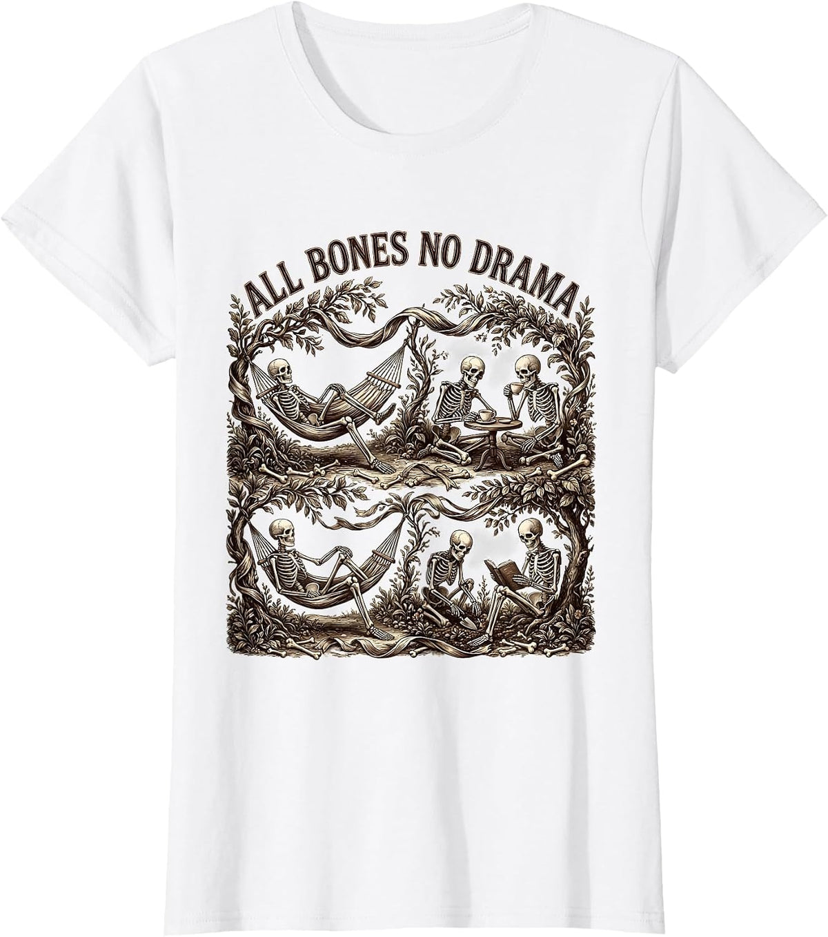 All Bones No Drama Funny Skeleton Design T-Shirt - White