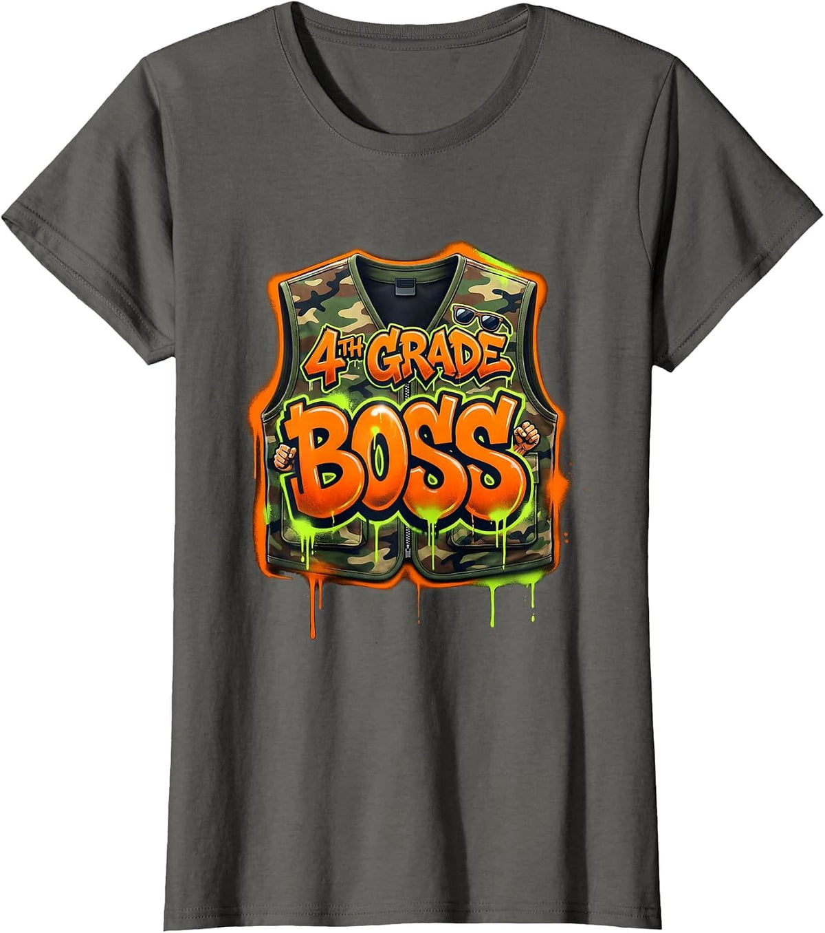 Women's 4TH GRADE BOSS Graffiti Camo Fourth Grade Back To School T-Shirt - Asphalt Grey