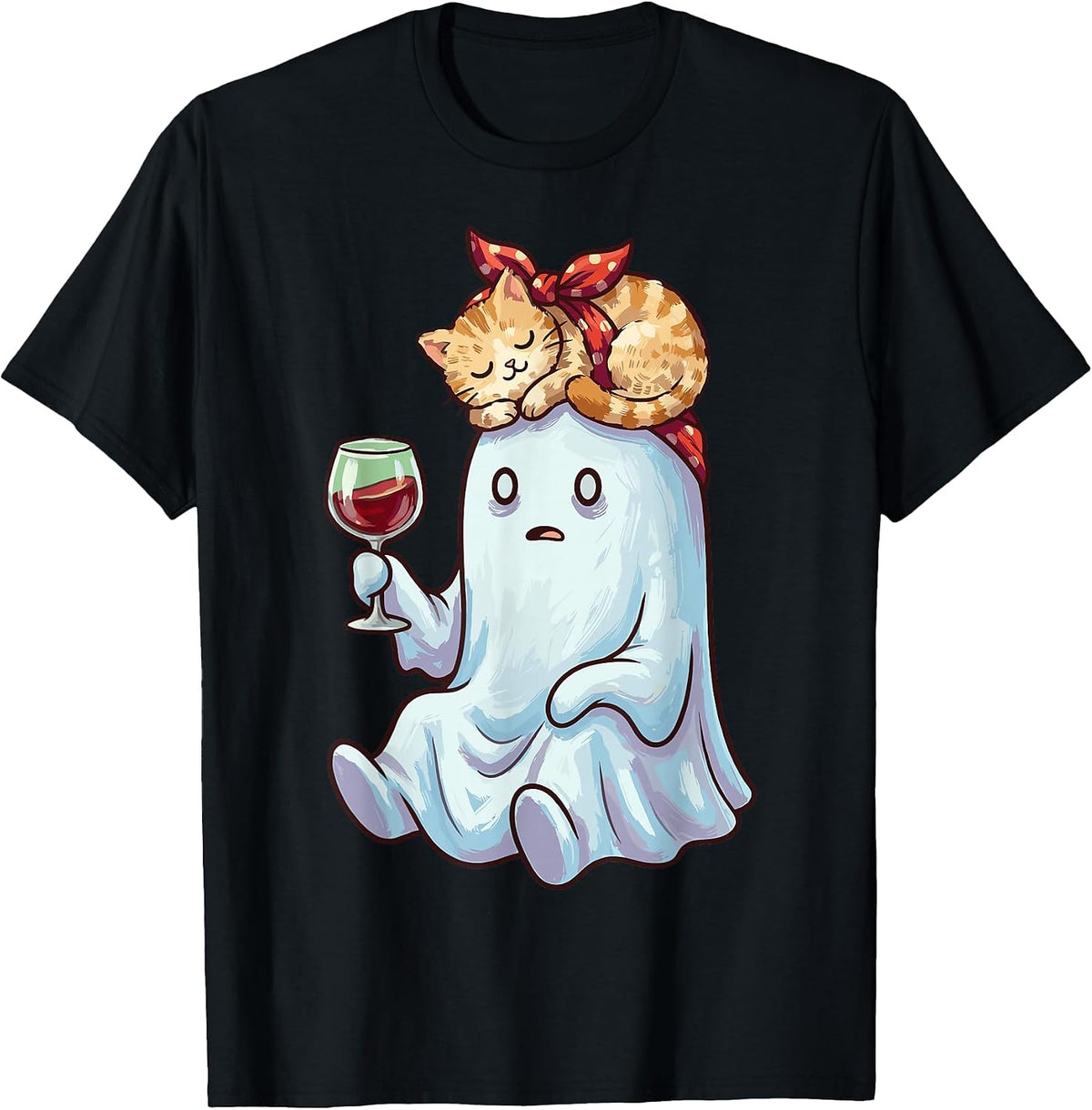 Ghost Cat Halloween Wine Lover Funny Spooky Feline Humor T-Shirt - As Pictured