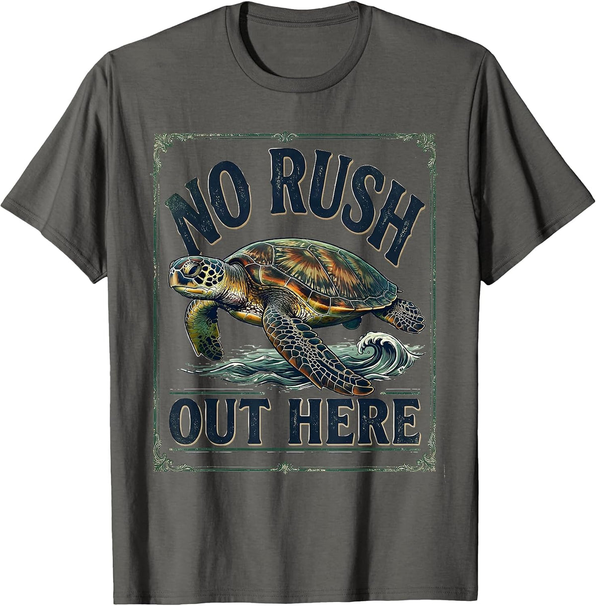 No Rush Out Here Vintage Sea Turtle Beach Vacation Souvenir T-Shirt - Asphalt Grey
