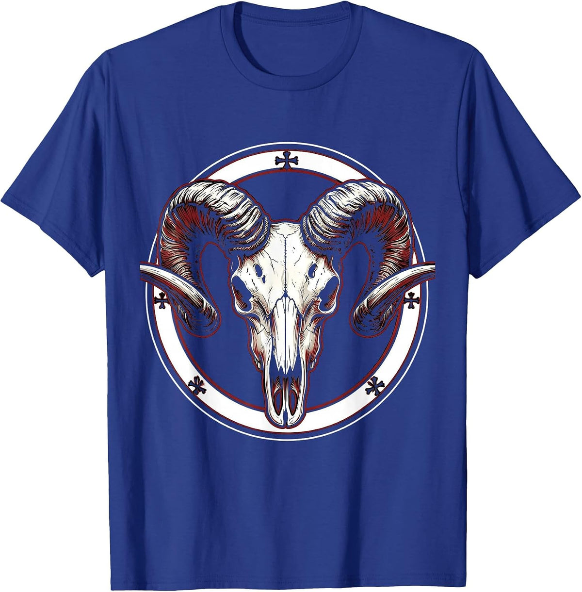 Ram Skull Curved Horns Metal Graphic Design T-Shirt - Royal Blue