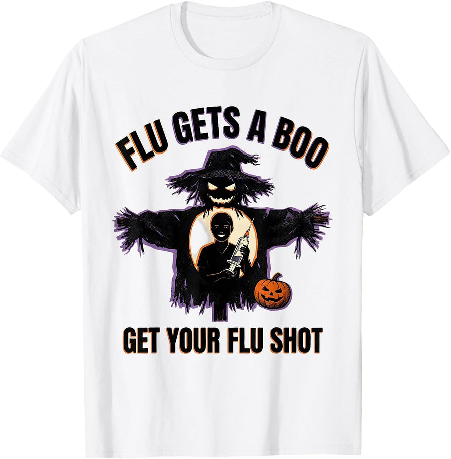 Men's Flu Gets A Boo Get Your Flu Shot Funny Healthcare Worker T-Shirt - White