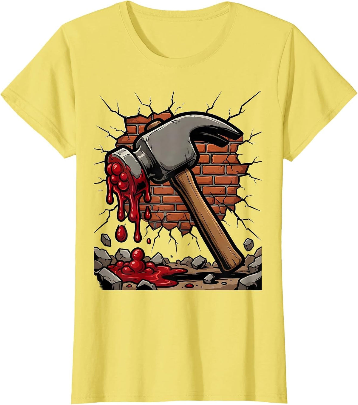Bloody Hammer Cracked Wall Graphic Design T-Shirt - Lemon Yellow