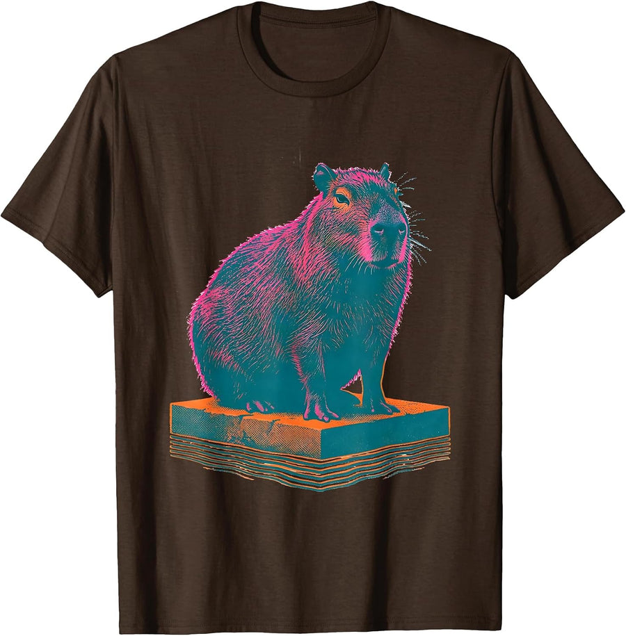 Capybara Silhouette Funny Animal Lover Risograph Art T-Shirt - Brown