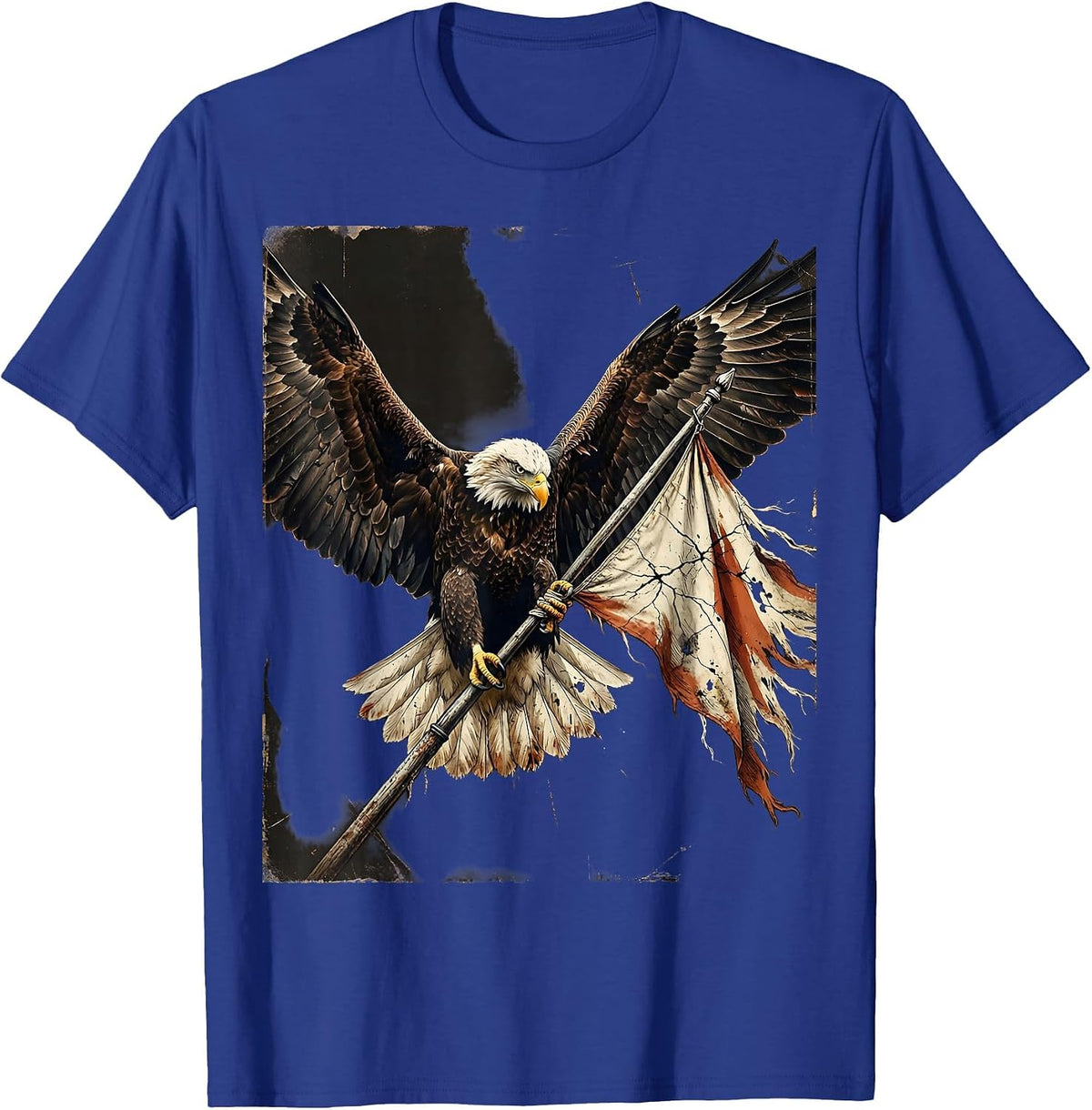 Men's Eagle Clutching Flag Pole Patriotic Illustration T-Shirt - Royal Blue