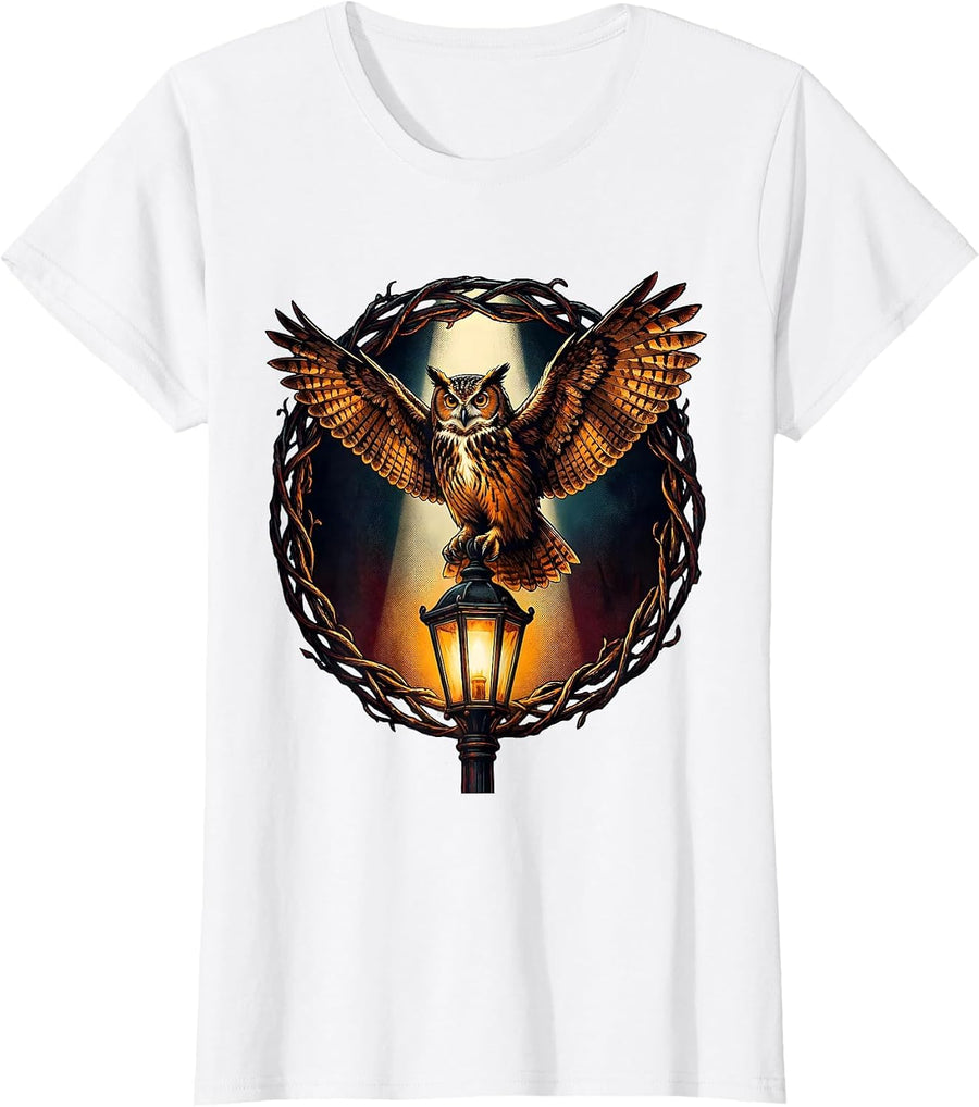 Women's Vintage Halloween Owl on Lantern Post Graphic T-Shirt - White