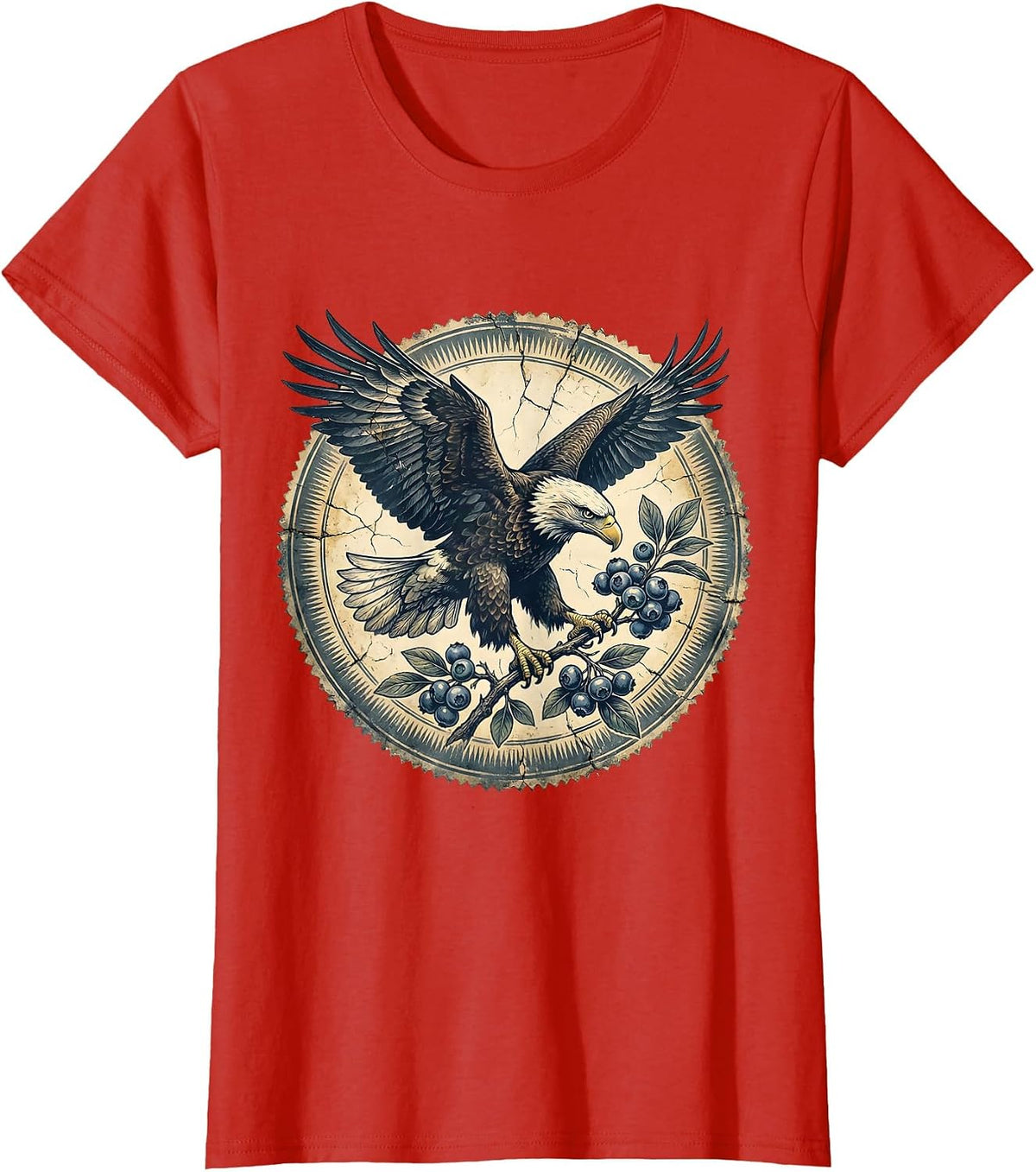 Eagle Clutching Blueberry Branch Patriotic Design T-Shirt - Red