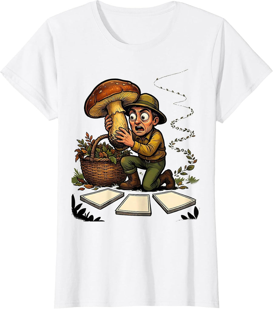 Women's Wide-Eyed Forager Cartoon Mushroom Hunting Humor T-Shirt - White