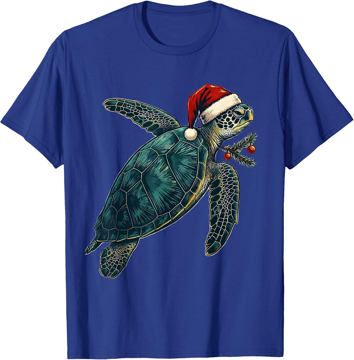 Sea Turtle Santa Hat Linocut Holiday Novelty T-Shirt - Royal Blue