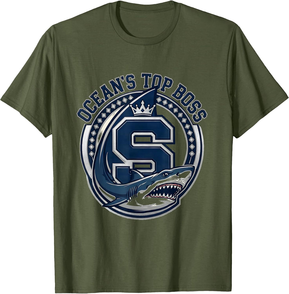 Ocean's Top Boss Shark Graphic Design T-Shirt - Olive Green