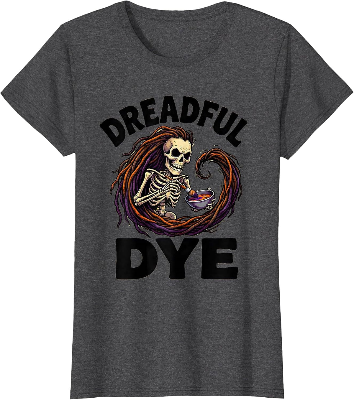 Women's Dreadful Dye Cartoon Skeleton Hair Stylist Halloween Barber T-Shirt - Dark Heather Grey