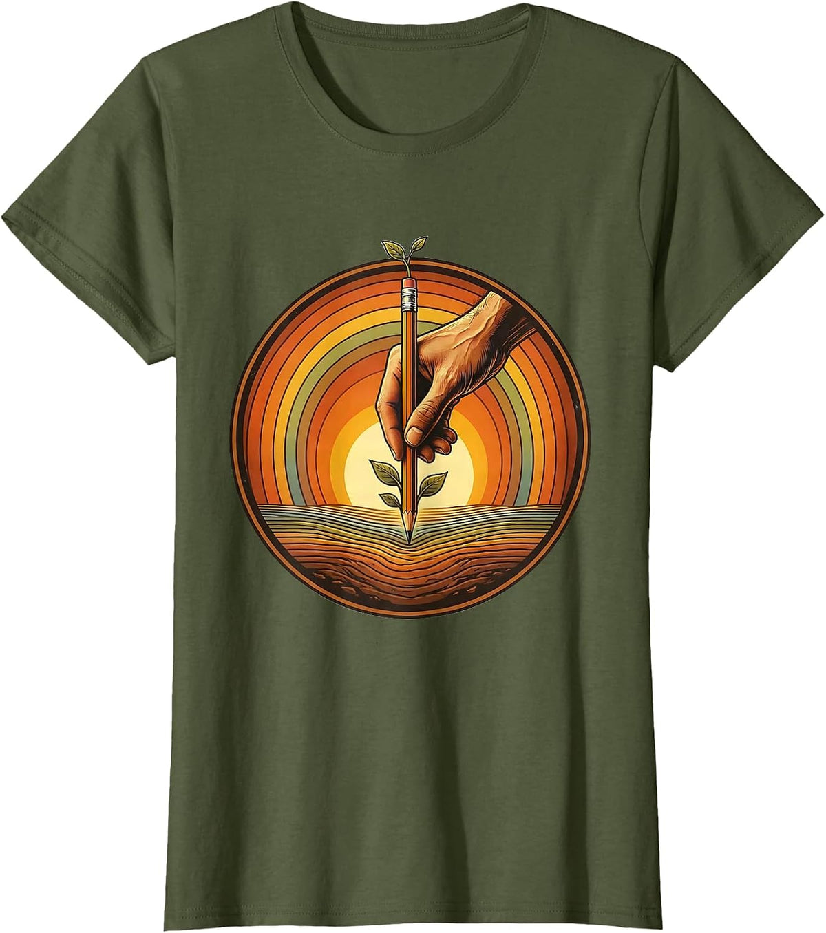 Women's Special Education Teacher Pencil Planting Graphic T-Shirt - Olive Green