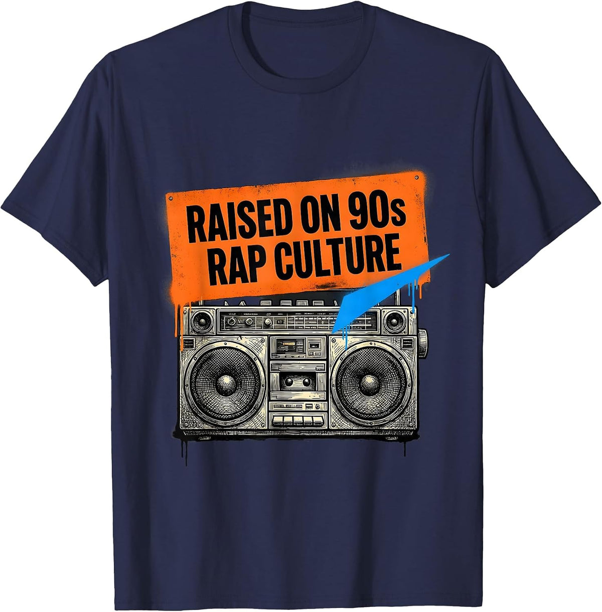Men's Raised On 90s Rap Culture Graffiti Old School Hip Hop T-Shirt - Navy Blue