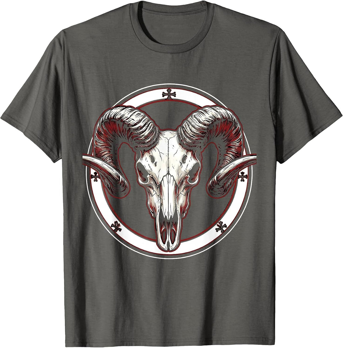 Ram Skull Curved Horns Metal Graphic Design T-Shirt - Asphalt Grey