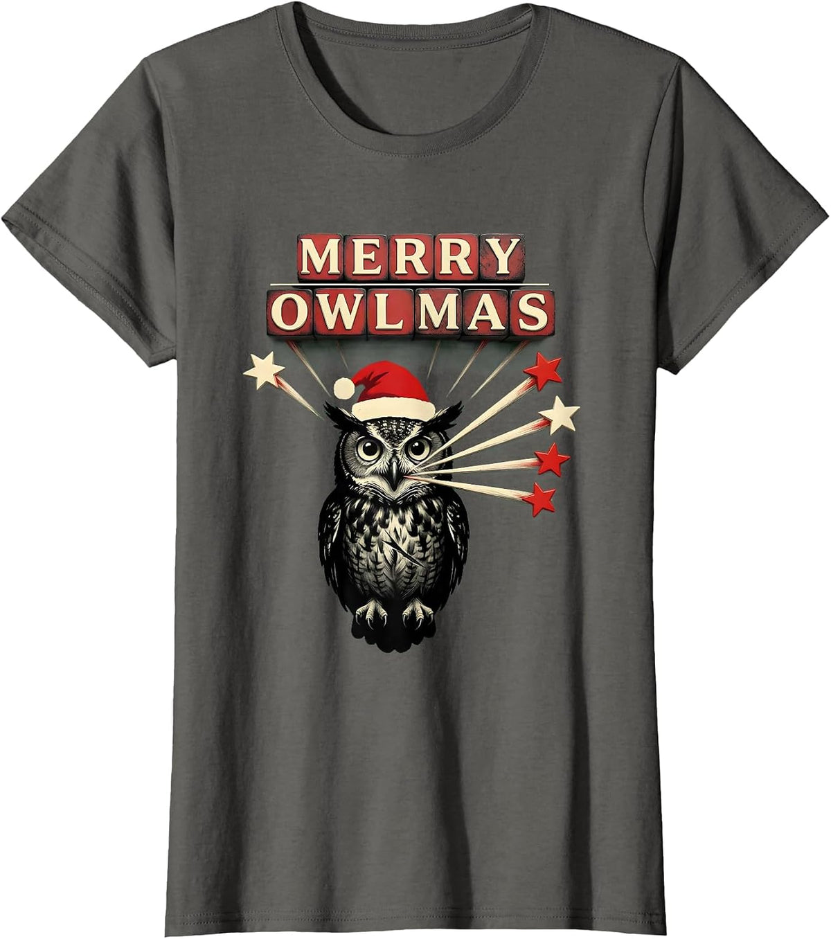 Women's Merry Owlmas! Owl Lover Santa Hat Christmas Lights Novelty T-Shirt - Asphalt Grey