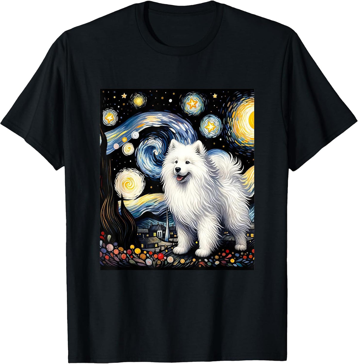 Samoyed Dog Van Gogh Starry Night Painting T-Shirt - Black