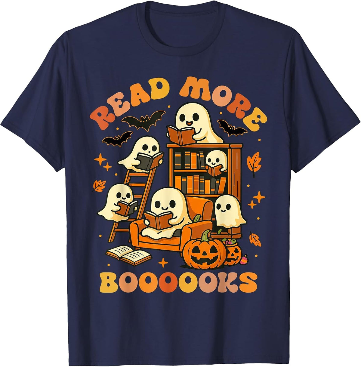 Read More Books Ghost Reading Book Teacher Halloween T-Shirt - Navy Blue